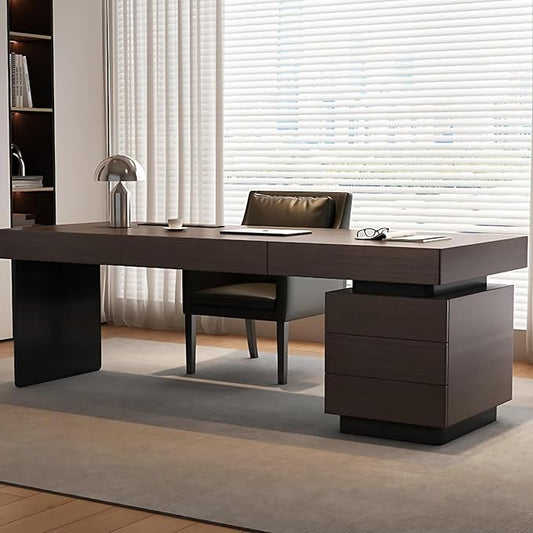 Modern Executive Desk with Drawers 55.11IN(Storage Base)(Wooden Texture) Home Office Desks Include Multi-Function Socket,Large Desktop