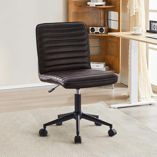 Furnimart Modern Armless Office Desk Task Chair - Upholstered Mid-Back Home Office Chair with 360 Degree Swivel and Adjustable Height - Leather (Black/Brown)