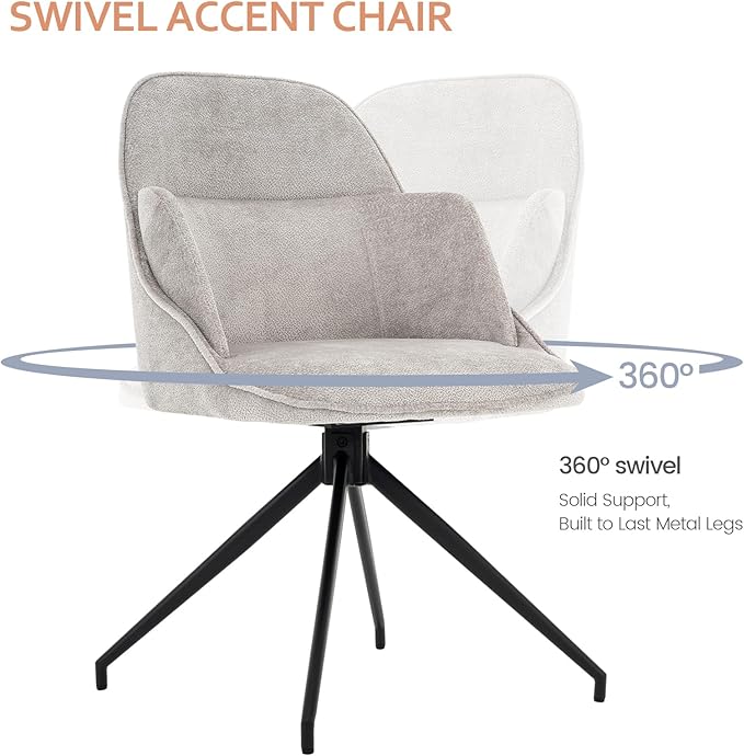 Mid-Century Modern Swivel Accent Chair, Upholstered Armless Desk Chair, No-Wheel Vanity Chair with Metal Legs Home Office & Bedroom (Light Grey)