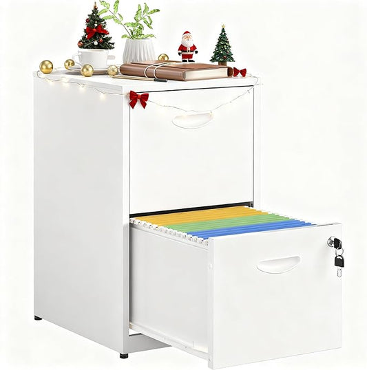 2 Drawer File Cabinet with Lock,White Metal Office Drawers Filing Cabinets for Home Office, Two Drawer Under Desk File Cabinet for Hanging Letter,Easy Assemble