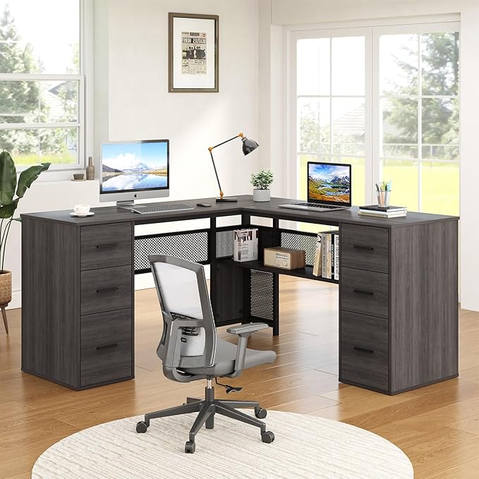 HSH L Shaped Corner Home Office Desk with Drawers, Large Computer Desk with Storage File Cabinet Shelves, Rustic Wood Metal Computer Table for Bedroom Executive Work Study Writing, Dark Gray, 59 Inch