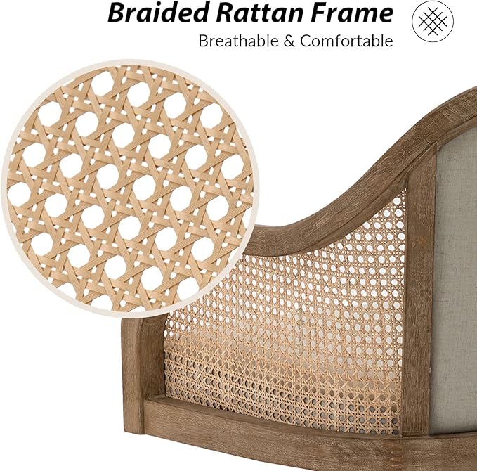 TINA'S HOME Rattan Desk Chair, Upholstered Home Office Chair with Armrest, Adjustable Swivel Rolling Height Computer Task Chair for Living Room Bedroom Study Room, Linen