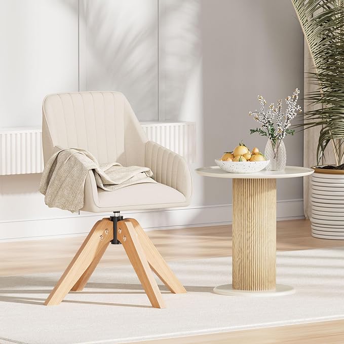 Furniliving Mid Century Modern Swivel Accent Chair for Living Room Set of 2, Wood Desk Chair with Arms Mid Back Arm Chairs Upholstered Vanity Chair No Wheels for Home Office/Bedroom, Faux Linen Beige