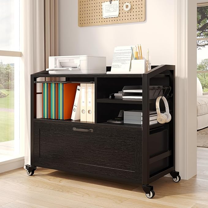 HSH Rolling Lateral File Cabinet with Storage Drawer, Black Mobile Filing Cabinet for Legal/Letter Size, Wood Metal Printer Stand with Shelves, Wheels & Hanging File Folder for Home Office Desk, 33 In