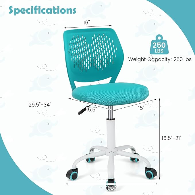 POWERSTONE Small Home Office Desk Chair, Swivel Rolling Study Computer Chair, Adjustable Height Task Chair with Armless Mid Back, Upholstered Mesh Seat,Turquoise