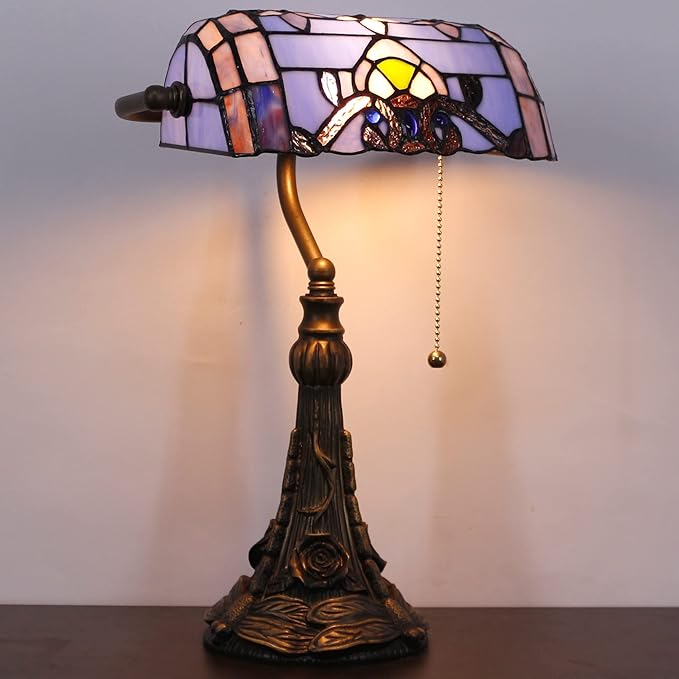 Tiffany Banker Lamp Small Stained Glass Table Lamp Tiffany Style Piano Light Blue Baroque Style Desk Lamp Angle Adjustable 10.6X15.7 Inch for Home Office Living Room Bedroom