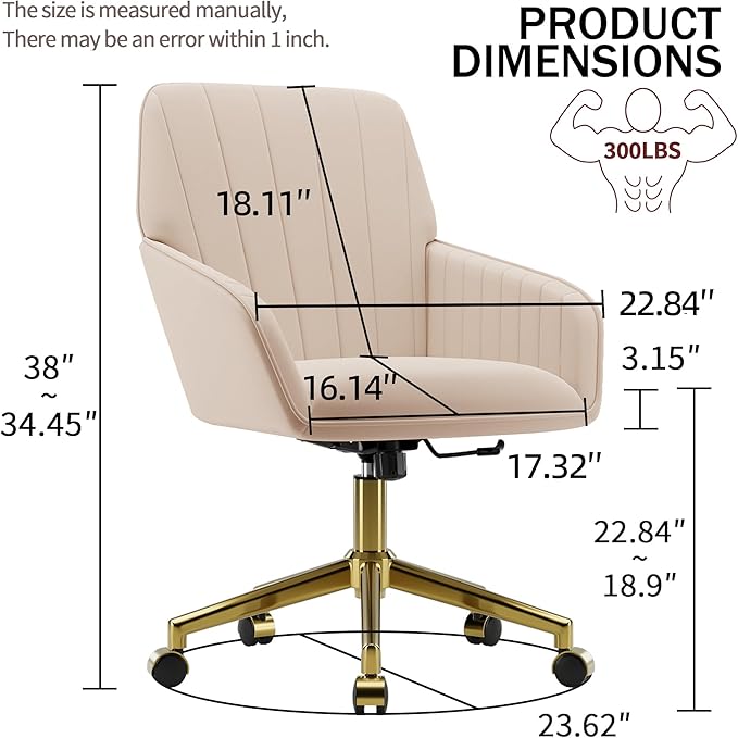 YISHENG Velvet Office Desk Chair with Gold Base, with Wheels,Modern Height Adjustable 360 Degree Swivel Upholstered Vanity Chairs with Arms for Living Room Bedroom,Khaki