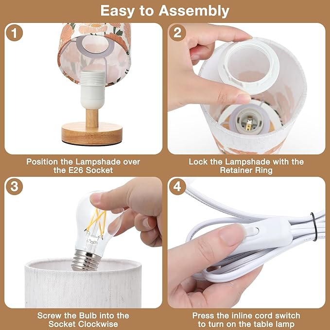 Sunflower Table Lamp for Bedroom - Inline Control, Small Bedside Lamp with 3000K A15 LED Blub, Easy Assembly (Sunflower Cream Shade, 9" Inline Control)