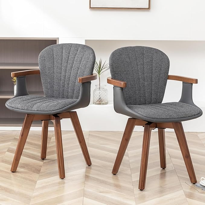 LUNLING Swivel Dining Chairs Set of 2, Mid Century Modern Gray Fabric+Faux Leather Kitchen Chairs with Arms,Bamboo Legs Side Chairs No Wheels,Accent Chair for Dining Rooms and Offices(Gray Fabric)
