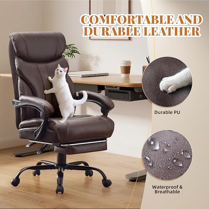 Leather Home Office Chair with Foot Rest,500lbs Big and Tall Ergonomic Desk Chair,360°Swivel Free,90°-155°Recline,43"- 47" Height Adjustable,Silent 360° Casters for Home Office Computer Desk