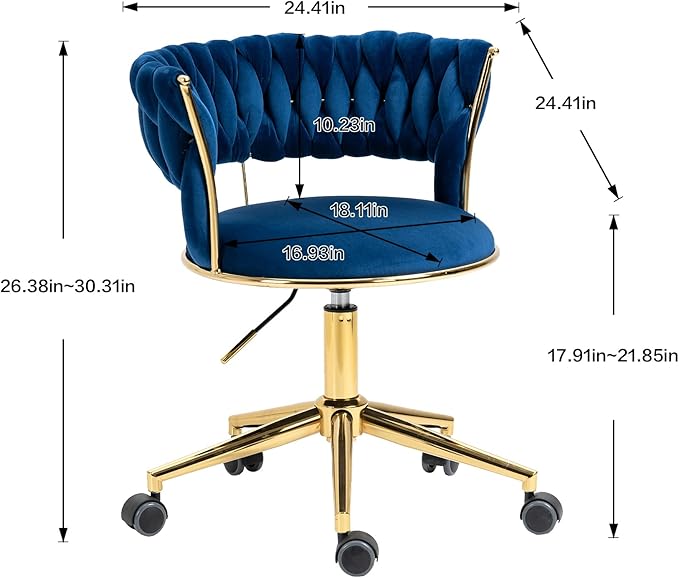 NIOIIKIT Velvet Office Desk Chair with Hand Woven Backrest, 360° Swivel & Height Adjustable Task Chairs, Makeup Chair, Living Room Chairs with Stainless Base and 5 Wheels (Navy)