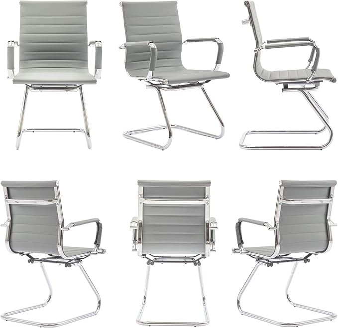Wahson Office Guest Chairs Set of 8, Leather Reception Chairs, Mid Back Waiting Room Chair, Conference Chairs with Sled Base, Desk Chair No Wheels for Meeting/Lobby/Restroom, Grey