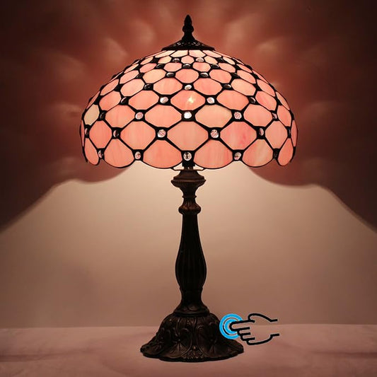 Tiffany Lamp Touch Control Table Lamp Pink Bead Style Stained Glass Desk Lamp 12X12X19 Inches Reading Light