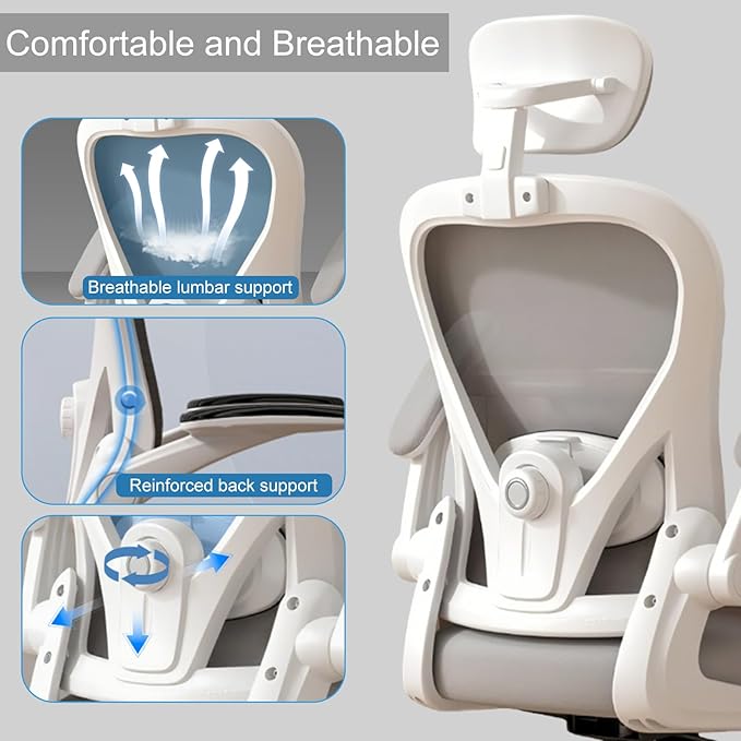 Comeon Office Chair, Branch Ergonomic Chair with Flip-up Armrests and Lumbar Support, Black Mesh Desk Chairs with 3D Armrests and Headrest Computer Chairs Comfy in Office Home (White Gray)