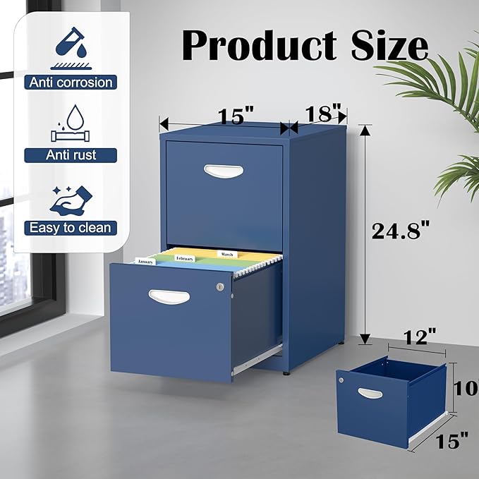 2 Drawer File Cabinet with Lock,Blue Metal Office Drawers Filing Cabinets for Home Office, Two Drawer Under Desk File Cabinet for Hanging Letter,Easy Assemble