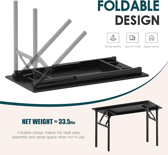 sogesfurniture 47 inch Computer Desk with LED Lights & Power Outlets, Folding Desk with Monitor Shelf, Wide Folding Table Writing Desk Foldable Home Office Desk, Black