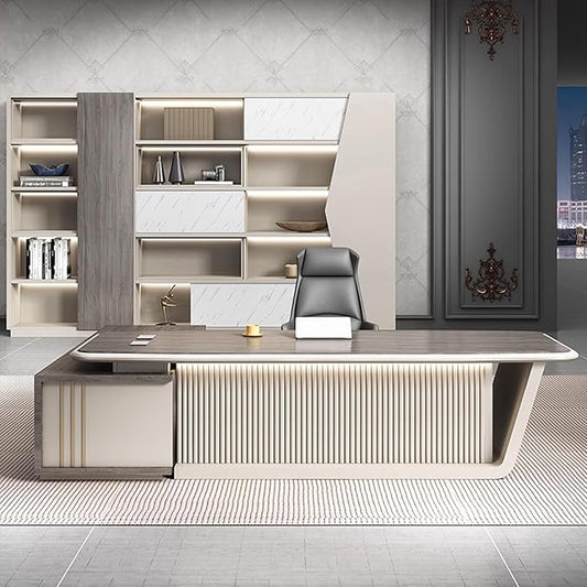 94IN Executive Office Desk - Executive Desk with 2 Drawers & Open Storage Space & Computer Host Position | Supporting Slant Leg & Decorative LED Light Strip, Fence Baffle Design