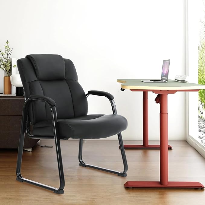 CLATINA Big Tall 500 LBS Wide Guest Chair Heavy Duty, Leather Side Reception Chairs with Sled Base and Armrest, Executive Office Desk Chair No Wheels for Meeting Conference Waiting Room Home, Black