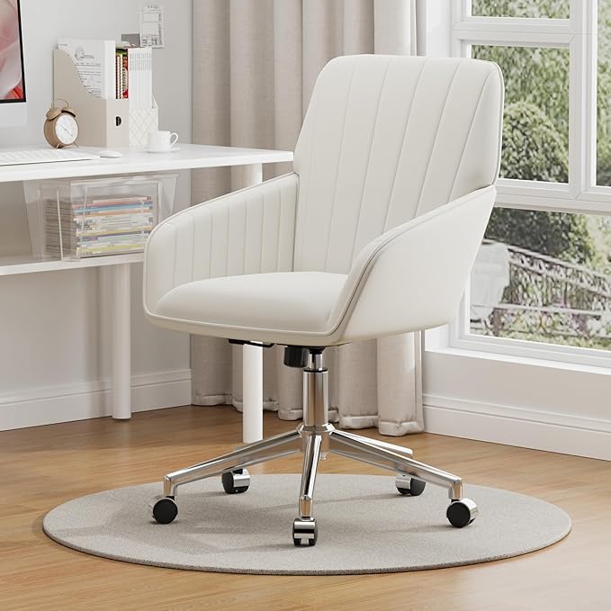 YISHENG Velvet Office Desk Chair with Silver Base, with Wheels,Modern Height Adjustable 360 Degree Swivel Upholstered Vanity Chairs with Arms for Living Room Bedroom,Cream