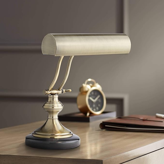Regency Hill Traditional Piano Banker Desk Lamp 12" High Antique Brass Gold Metal Shade Adjustable Arm Decor for Living Room Bedroom House Bedside Nightstand Home Office Reading Family