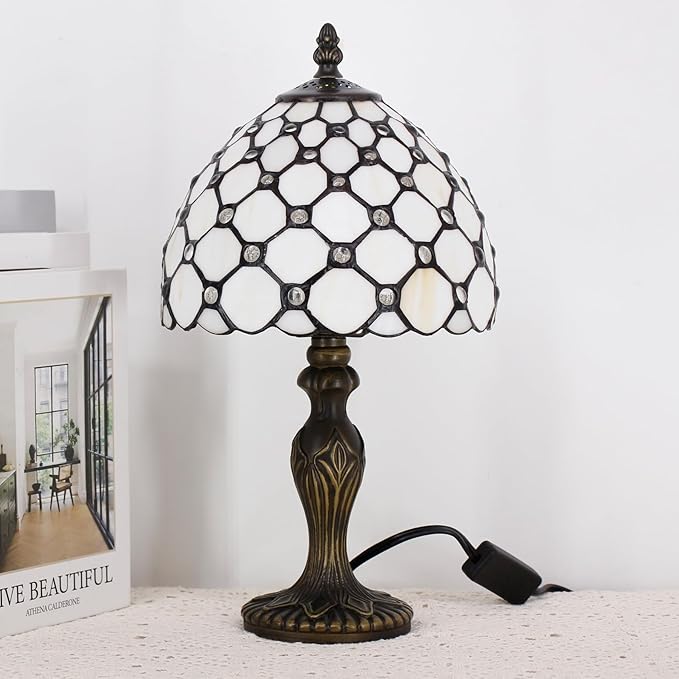Small Tiffany Lamp Stained Glass Table Lamp Mini Desk Accent Light for Bedroom Bedside Reading Home Antique Style Decor 8X15 Inches (White Yellow)