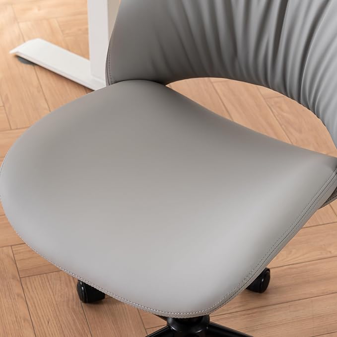 Rowill Armless Office Desk Chair, Ergonomic PU Leather Modern Task Chair with Back Adjustable Height, 360° Swivel Vanity Chairs with Wheels for Small Space, Home Office, Bedroom, Grey