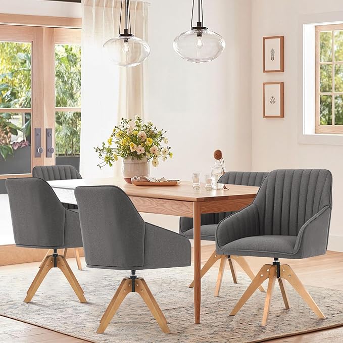 Furniliving Mid Century Modern Accent Chair, 36.8 Inch Upholstered Swivel Chair for Living Room with Arms Home Office Desk Chair for Bedroom Wood Legs Computer Task Chair No Wheels, Darkgrey