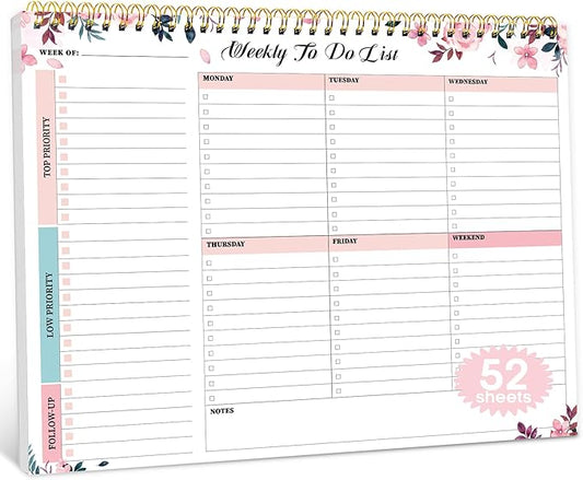 Weekly To Do List Notepad with 52 Undated Sheets（8.5"×11"）- Weekly Desk Planner for Women & Man, Work and Home - Whispering Petal