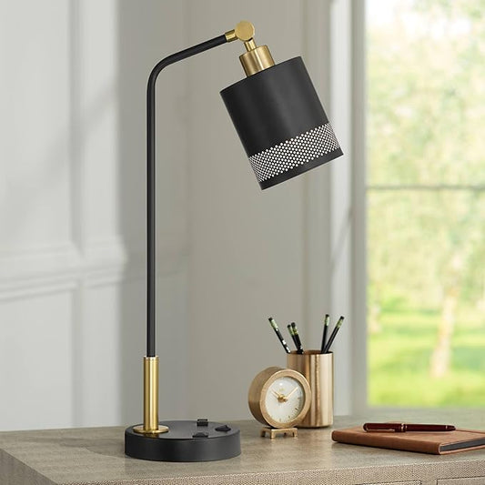 Possini Euro Design Keller 24" High Small Modern Desk Lamp USB Port AC Power Outlet Black Gold Brass Finish Metal Single Shade Home Office Living Room Charging Bedroom Bedside Nightstand House