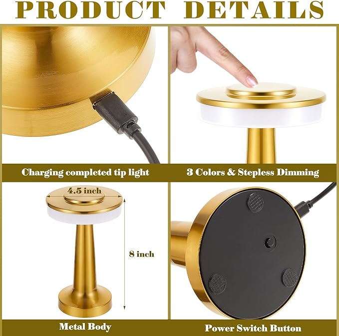 Riakrum Set of 2 LED Portable Cordless Table Lamp with Touch Sensor 3 Color Stepless Dimming Rechargeable Battery up to 15 Hours Cordless Table Light Wireless Lamp for Nursery (Gold,2 Pcs)