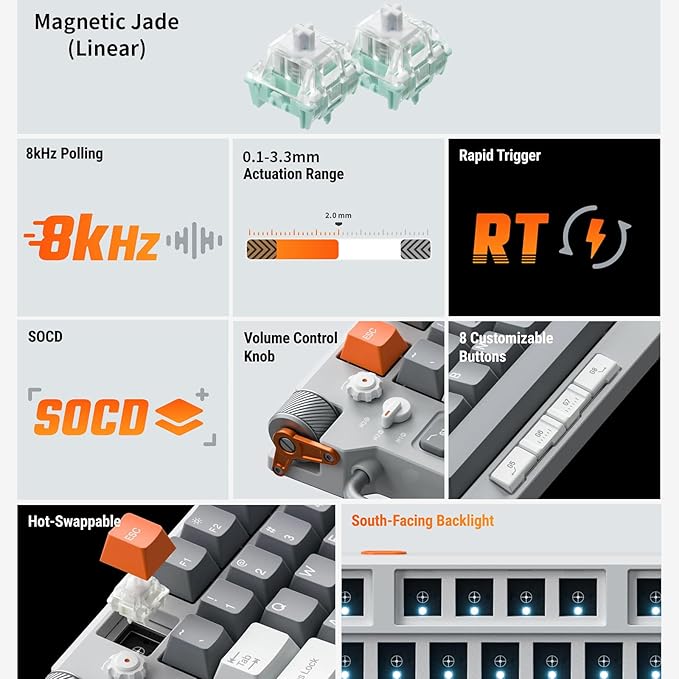 nuphy Field75 HE Magnetic Switch Gaming Keyboard,83 Keys Wired Keyboard,One Knob Volume Control, Hall Effect Sensors,Adjustable Actuation,8000 Hz Polling Rate,Rapid Trigger-Magnetic Jade Switch