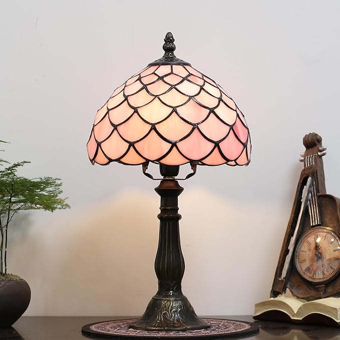 Tiffany Small Table Lamp for Bedroom Bedside Nightstand Table Lamps for Living Room 3 Way Color Temperatures Stained Glass Table Lamp 8X8X15 Inch Home Office Reading Desk Lamp (pink fish scales)
