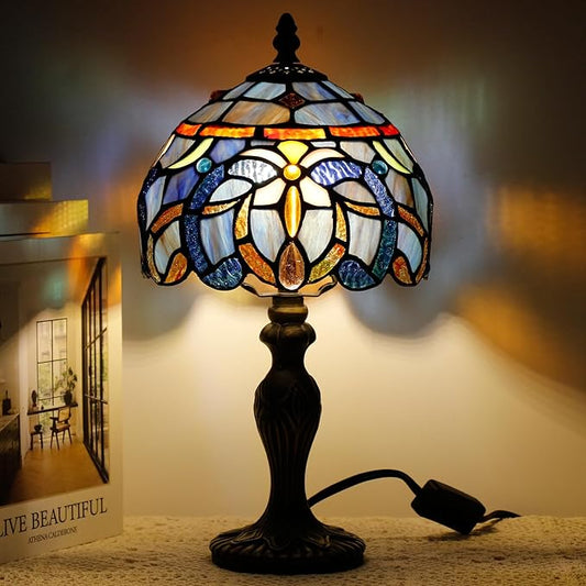 Small Tiffany Lamp Stained Glass Table Lamp Mini Desk Accent Light for Bedroom Bedside Reading Home Antique Style Decor 8X15 Inches (Blue Purple)