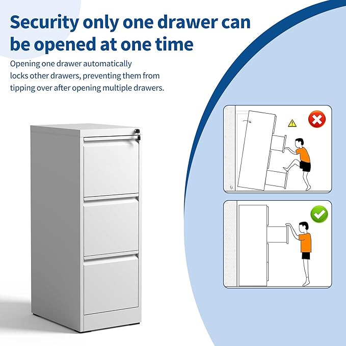 3-Drawer Locking Vertical File Cabinet, Metal Storage Cabinet for Office/Home – Secure Vertical Filing for Letter/Legal/A4/F4 Documents, Easy to Assemble Steel Cabinet (White, 3 Drawer-40 H)