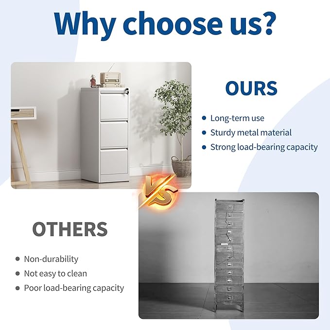 3-Drawer Locking Vertical File Cabinet, Metal Storage Cabinet for Office/Home – Secure Vertical Filing for Letter/Legal/A4/F4 Documents, Easy to Assemble Steel Cabinet (White, 3 Drawer-40 H)