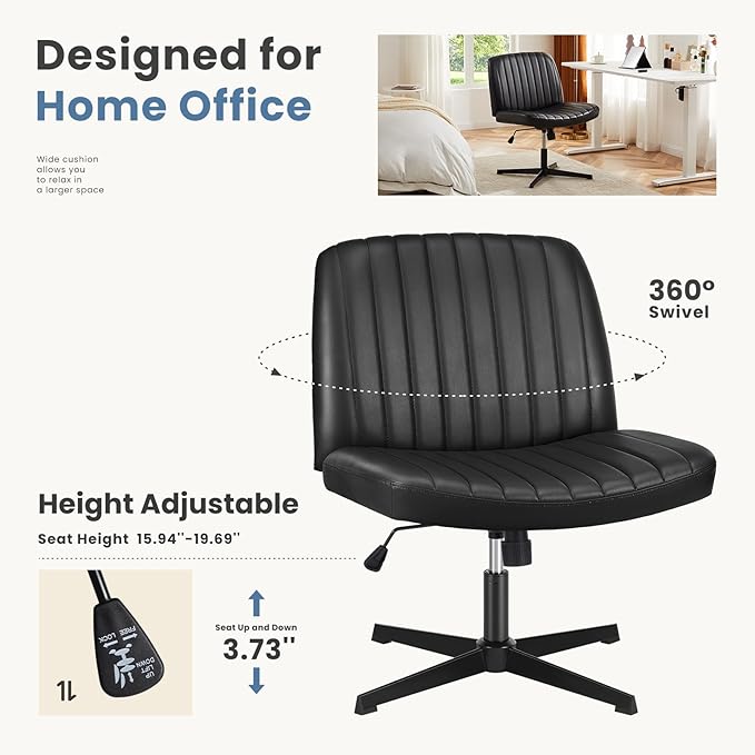 DUMOS Desk Chair No Wheels, Criss Cross Chair Wide Cross Legged Office Desk Vanity Chair, PU Leather Armless Adjustable Swivel Chairs for Home Computer Task Black
