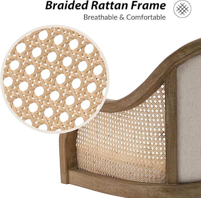 TINA'S HOME Rattan Desk Chair, Upholstered Home Office Chair with Armrest, Adjustable Swivel Rolling Height Computer Task Chair for Living Room Bedroom Study Room, Ivory