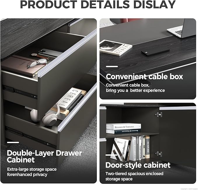 L Shape Executive Desk with Drawers – Modern Large Office Desk for Home Office, Spacious Computer Workstation with Storage Cabinets, Black Finish (Black/Right, 79" L * 63" W * 30" H)