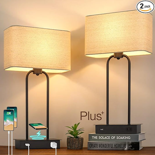 Set of 2 Wireless Charging Touch Control 3-Way Dimmable Table Lamps, Beside Nightstand Lamps for Bedroom with USB Port & AC Outlet, Living Room Office End Table Modern Black Lamps, LED Bulbs Included
