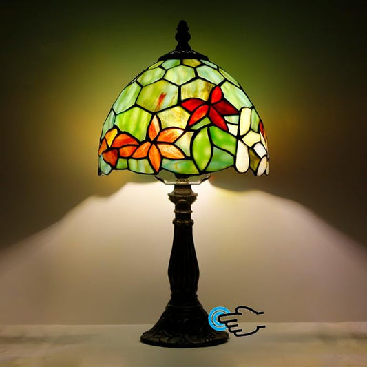 Tiffany Lamp Touch Control Table Lamp Red Yellow Green Flowers Stained Glass Desk Lamp 8X8X14.5 Inches Reading Light