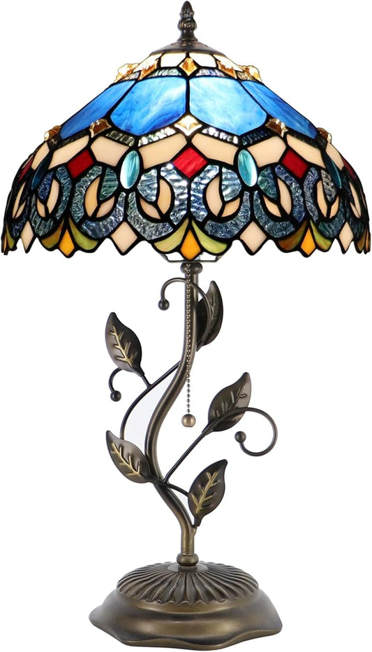 Tiffany Table Lamp, Stained Glass Style Desk Lamp, 12X12X19 Inch,Bedside Reading Light, Metal Leaf Base(Blue Baroque)
