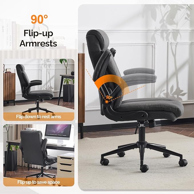 VINGLI Rolling Ergonomic Office Desk Chair with Padded Flip-up Arms, 360° Swivel High Back Executive Computer Task Chair with Wheels for Game，Home Small Space, Study Room, Reading Room, Linen Black