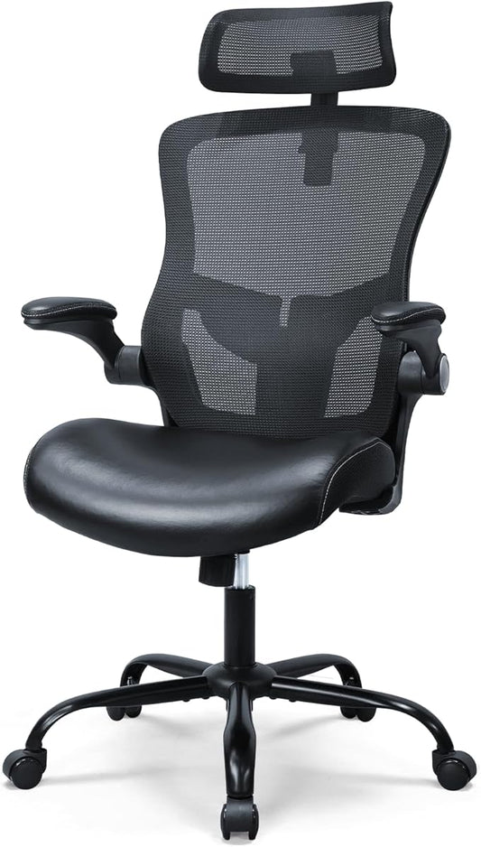 Ergonomic Office Chair,High Back Mesh Desk Chair with Adjustable Lumbar Support & Headrest Home Office Computer Swivel Executive Task Chair with Flip-Up Armrests (Dark Black)