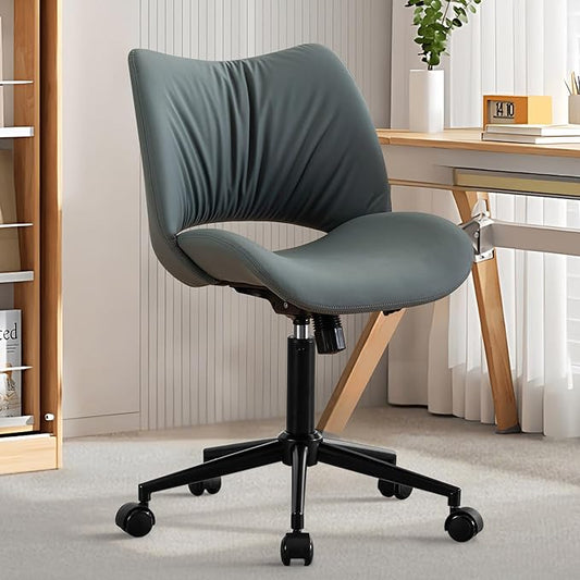 Rowill Armless Office Desk Chair, Ergonomic PU Leather Modern Task Chair with Back Adjustable Height, 360° Swivel Vanity Chairs with Wheels for Small Space, Home Office, Bedroom, Grayish Green