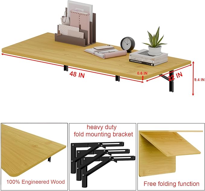 IAE 48" x 22" Floating Foldable Desk,Wall-Mounted Folding Computer Table with Engineered Wood,Study Table with Shelf Brackets,Fold Down Shelf,Fold Computer Desk for Small Spaces,Holds 500 lb,Natural