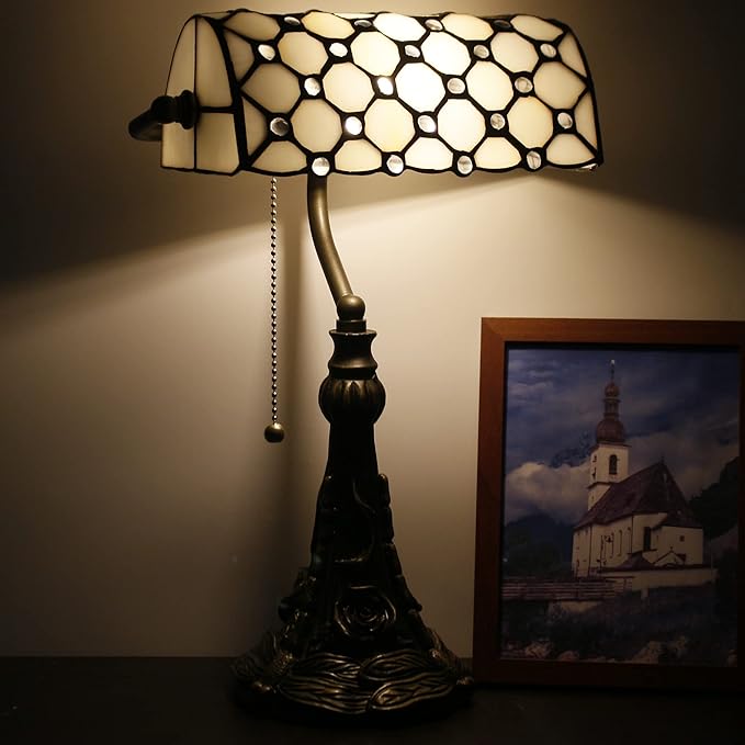 Tiffany Banker Lamp Small Stained Glass Table Lamp Tiffany Style Piano Light White Crystal Pearl Bead Style Desk Lamp Angle Adjustable 10.6X15.7 Inch for Home Office Living Room Bedroom