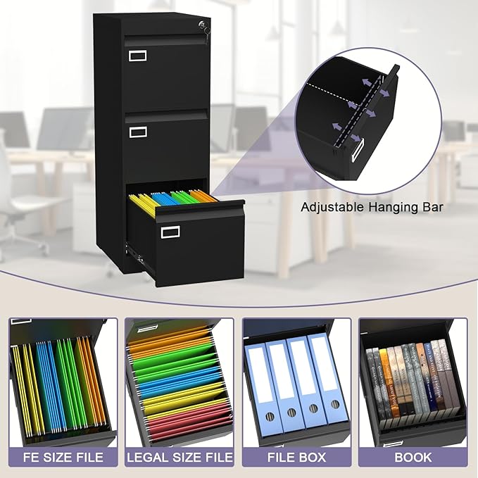 3 Drawer Metal File Cabinet with Lock, Small Locking Filing Cabinets, Vertical File Cabinet with Key, Black Under Desk Filing Cabinets for Home Office