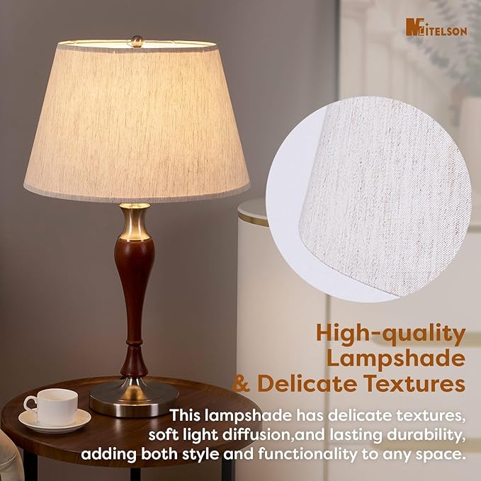 Table Lamp, Modern Nightstand Desk Lamp with Dimmer Switch and Bulb, Mid Century Lamp for Living Room and Office, Wood Bedside Lamp for Bedroom, Home Décor, Walnut Wood Finish