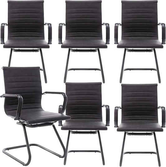 Office Desk Chair No Wheels Set of 6 PU Leather Computer Chairs Mid Back Guest Chairs for School Reception Conference Waiting Room, Vintage Charcoal