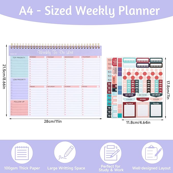 Weekly To Do List Notepad with 52 Undated Sheets, 8.5"×11" Week Desk Planner Undated Weekly Planner with Spiral Bound for Women & Man Home School and Work, Purple